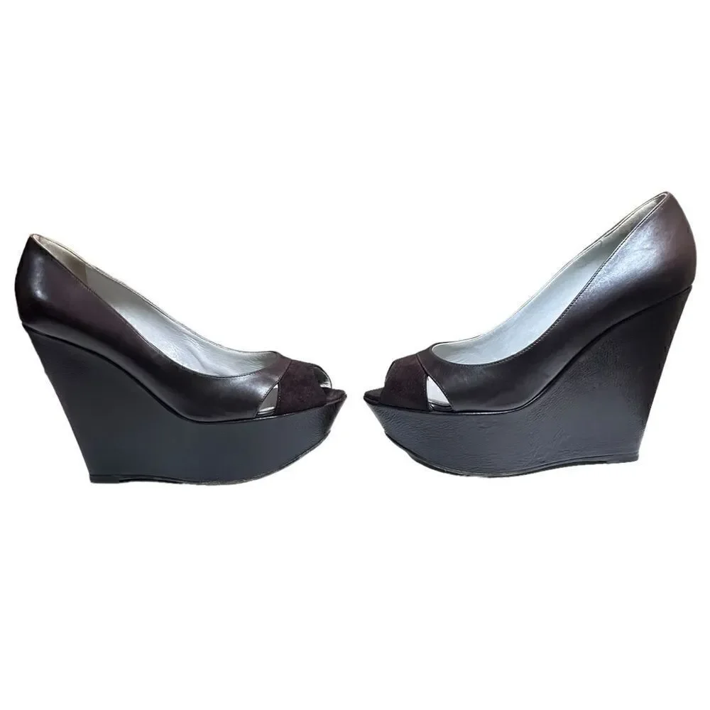 Sergio Rossi Brown Leather Open Toe Platform Wedge Size 37.5 (US Size 7)